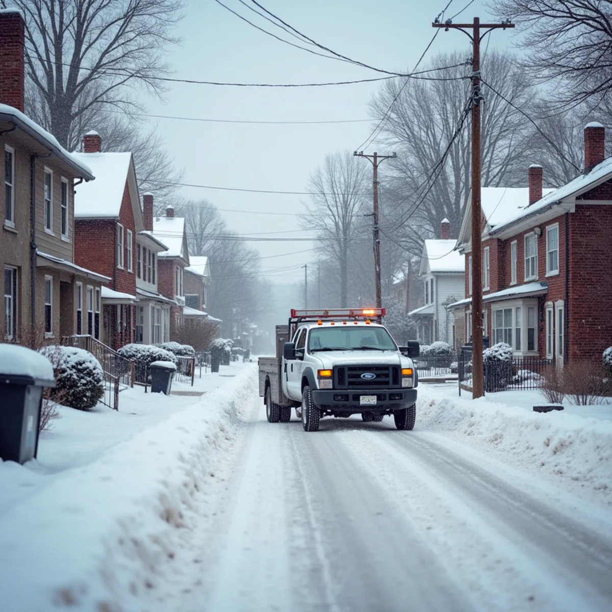 Snow-covered rural village street with older brick and frame houses and bare trees in Bucks County