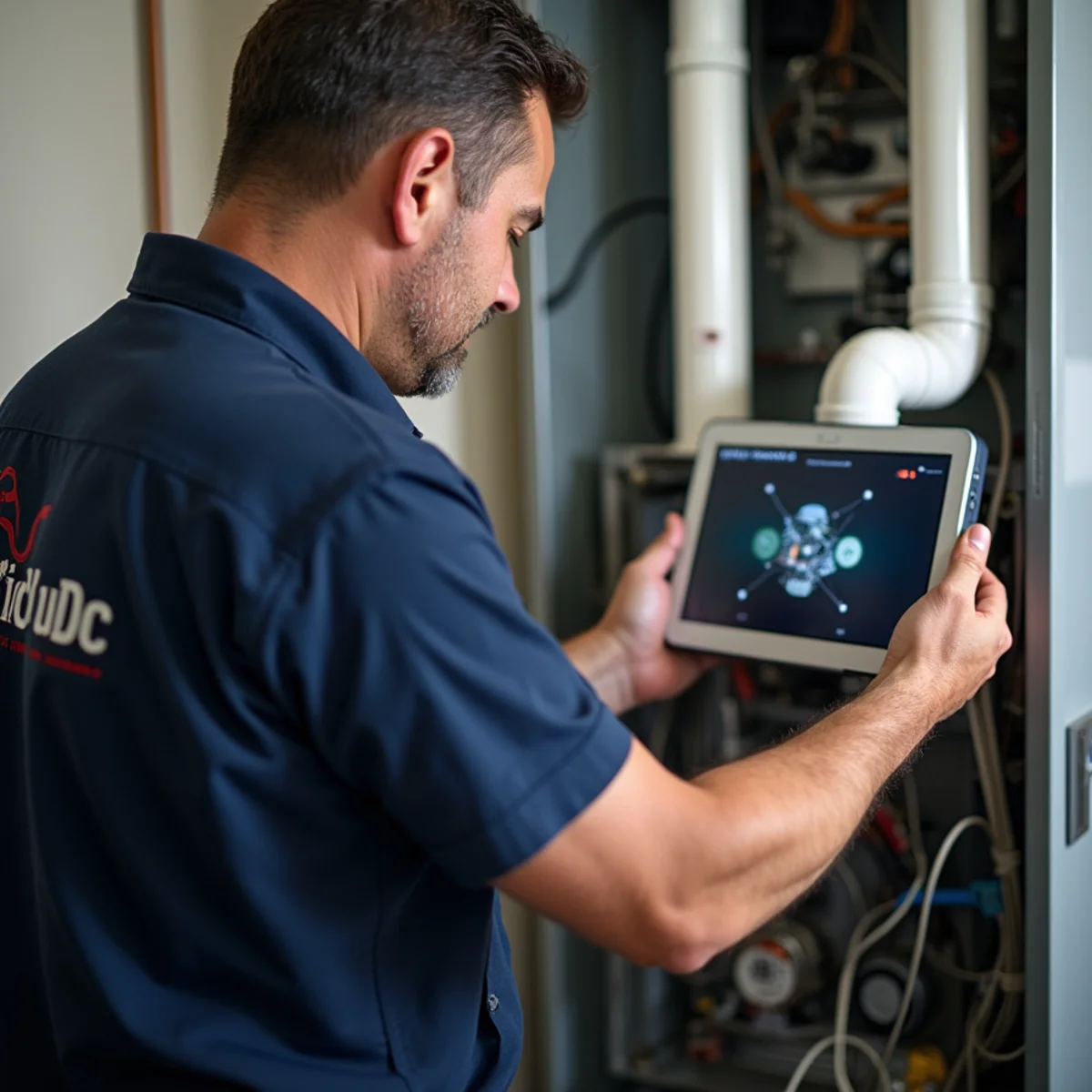 A technician inspecting a heat exchanger with a camera