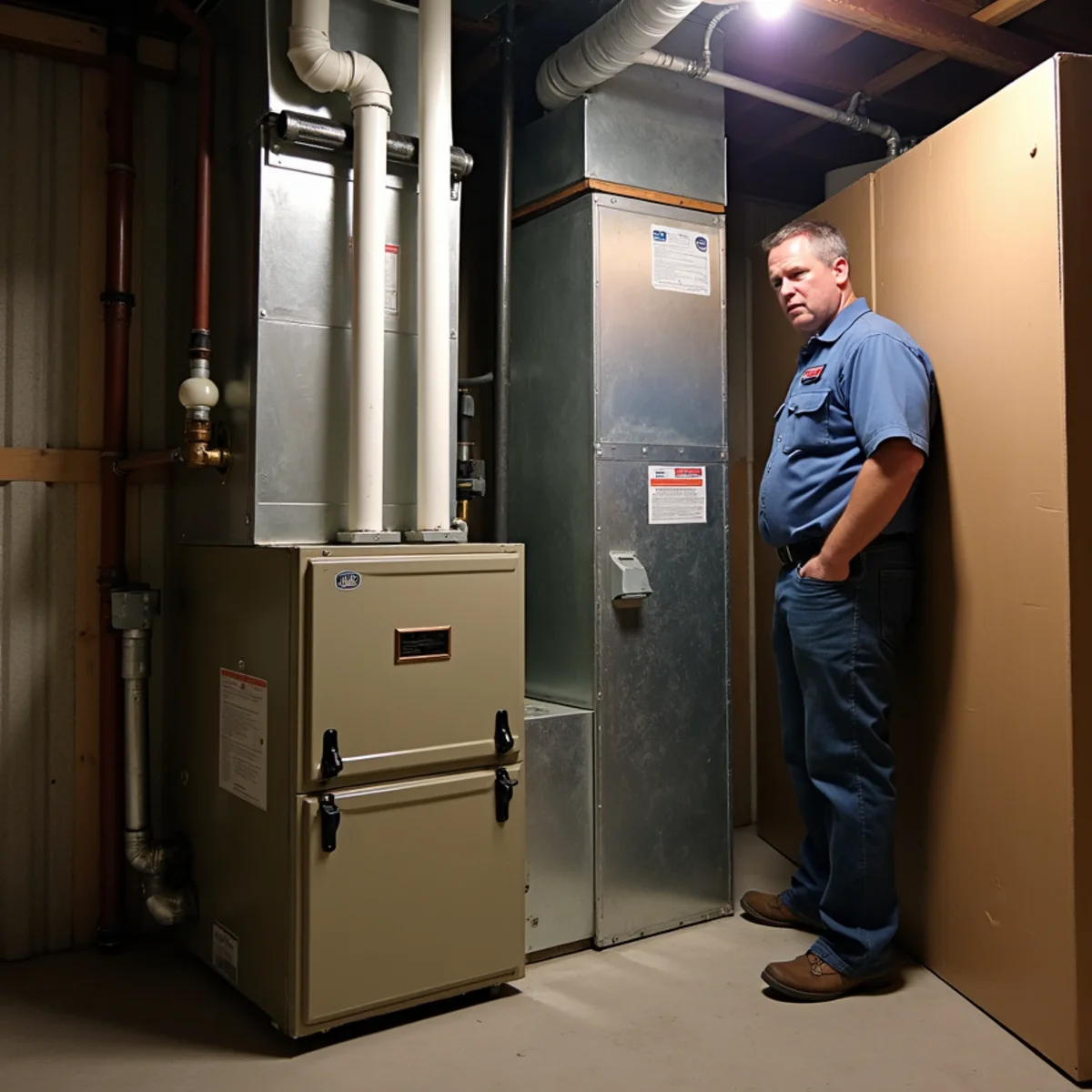Technician working inside an open furnace cabinet in a basement