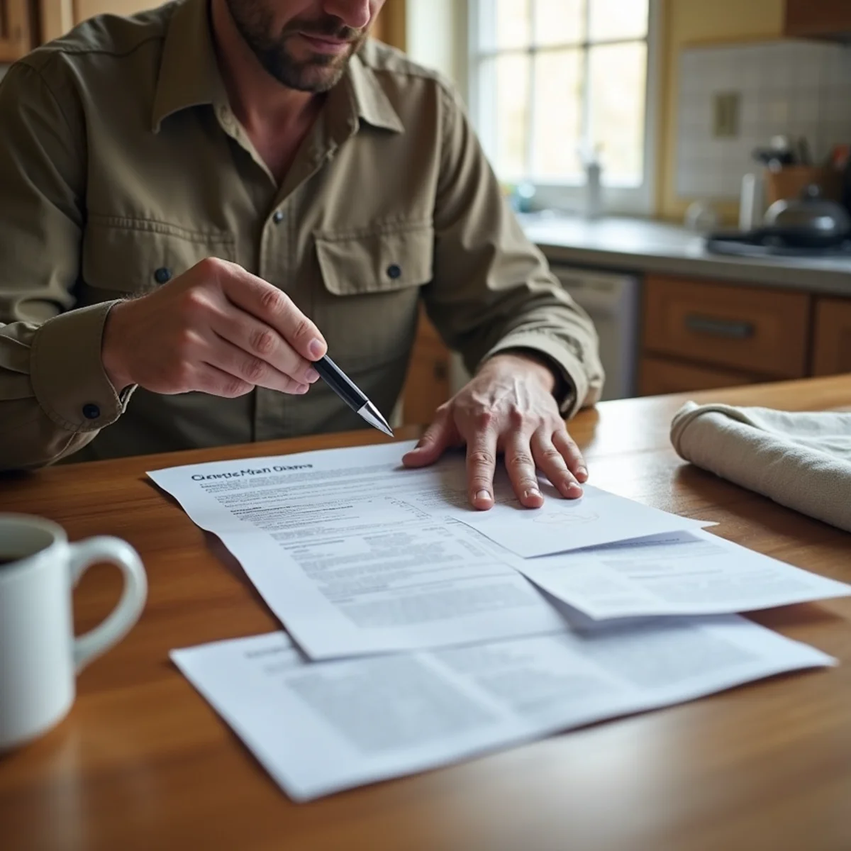 Homeowner comparing several paper proposals and an insurance certificate at a kitchen table