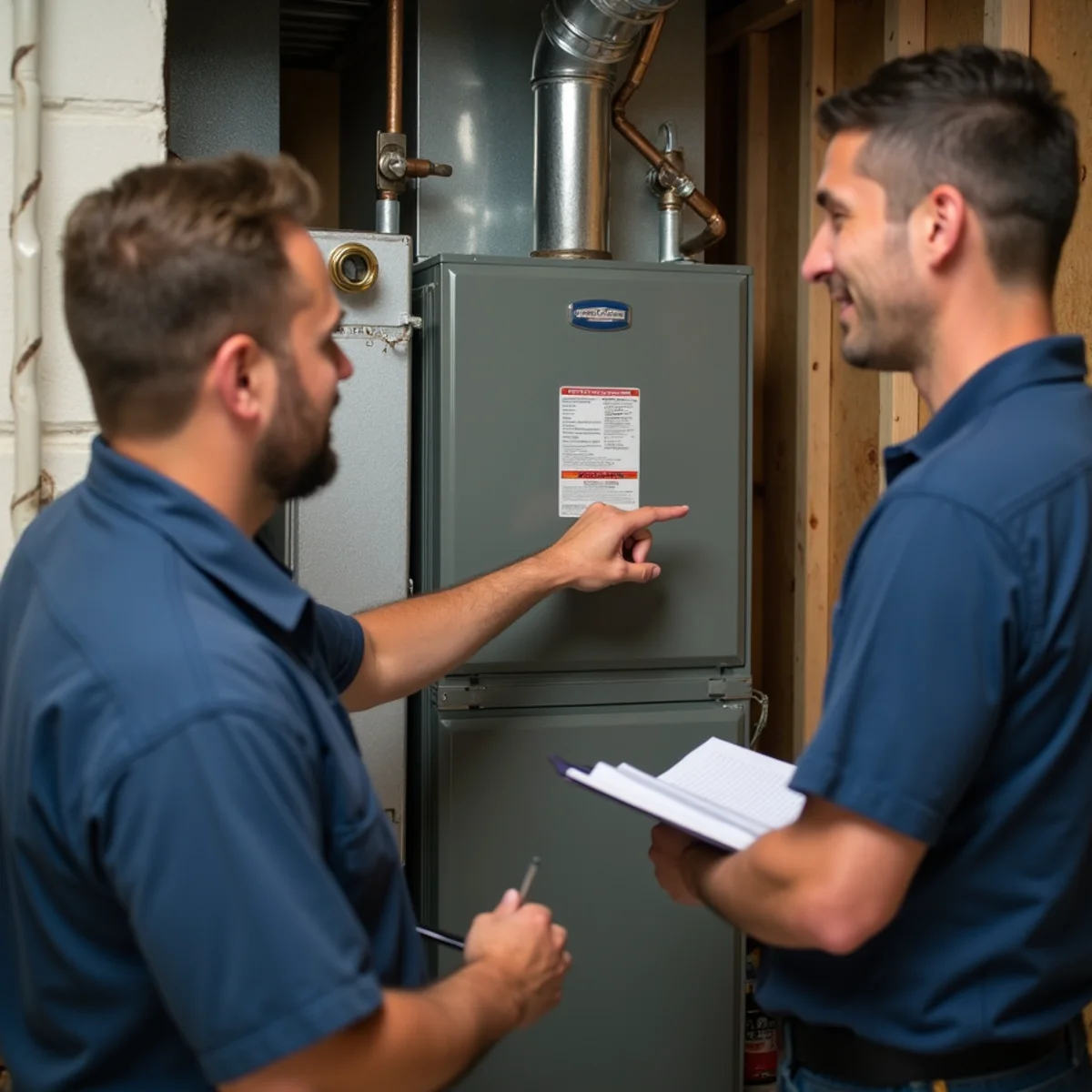 Technician pointing to the data label on a furnace while a homeowner takes notes