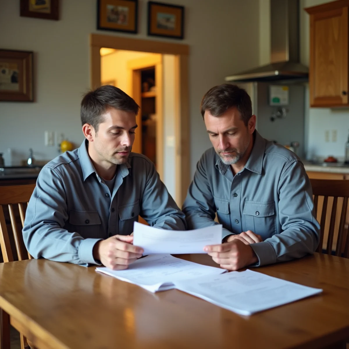 Homeowner and an HVAC technician reviewing paperwork together at a kitchen table