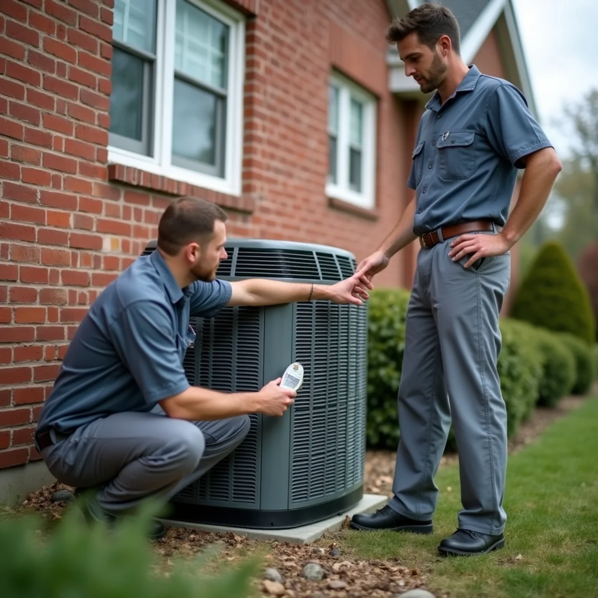 Technician showing a homeowner the model label on a new outdoor heat pump unit