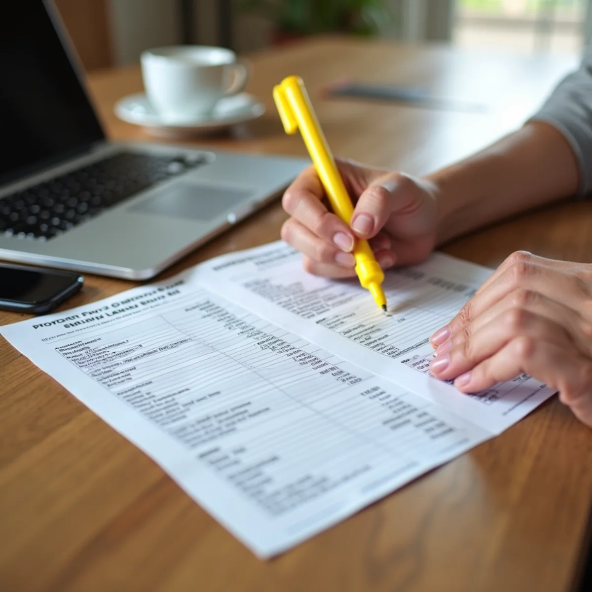 Homeowner marking up two printed estimates with a highlighter at a kitchen table