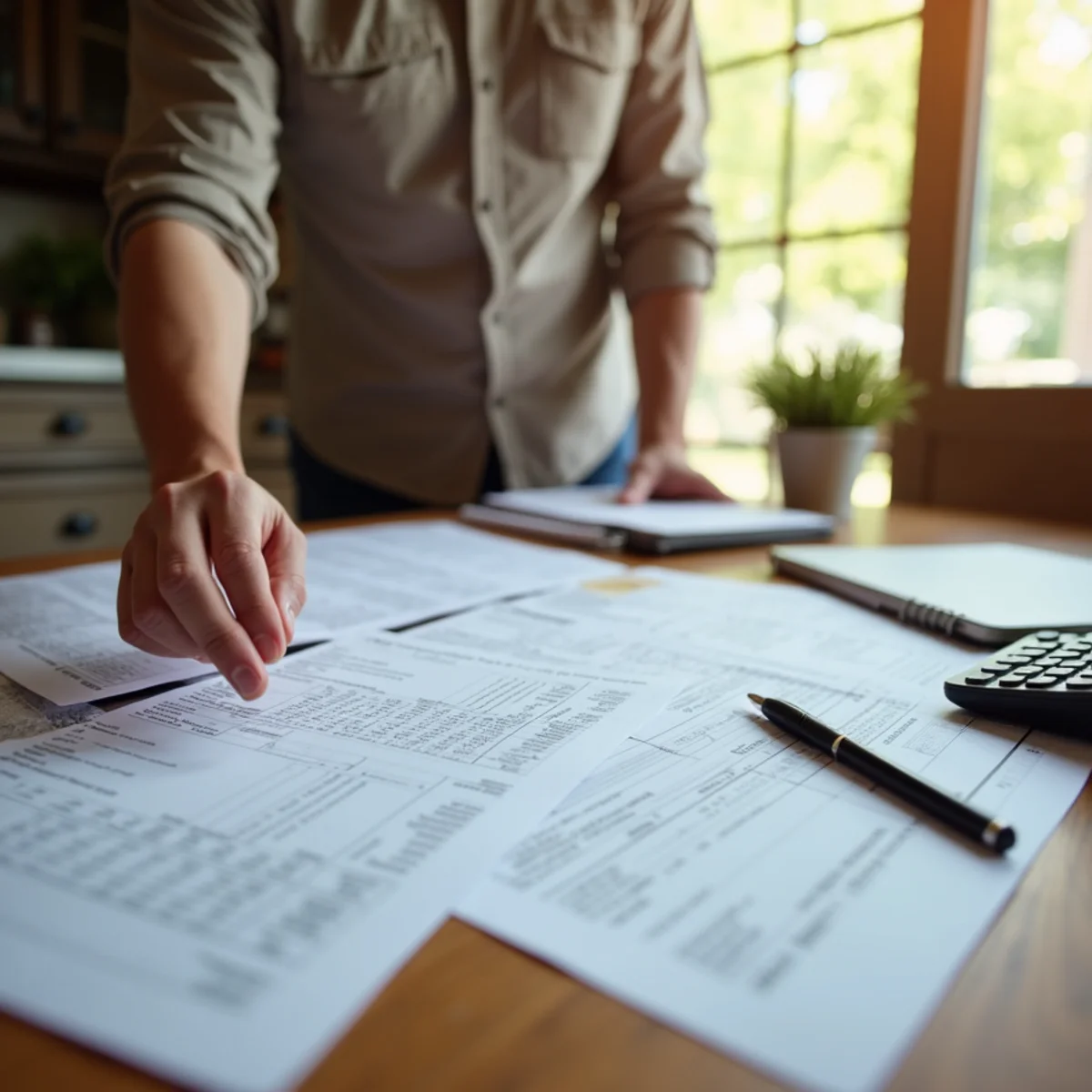 Several printed HVAC estimates spread across a kitchen table with a pen and calculator