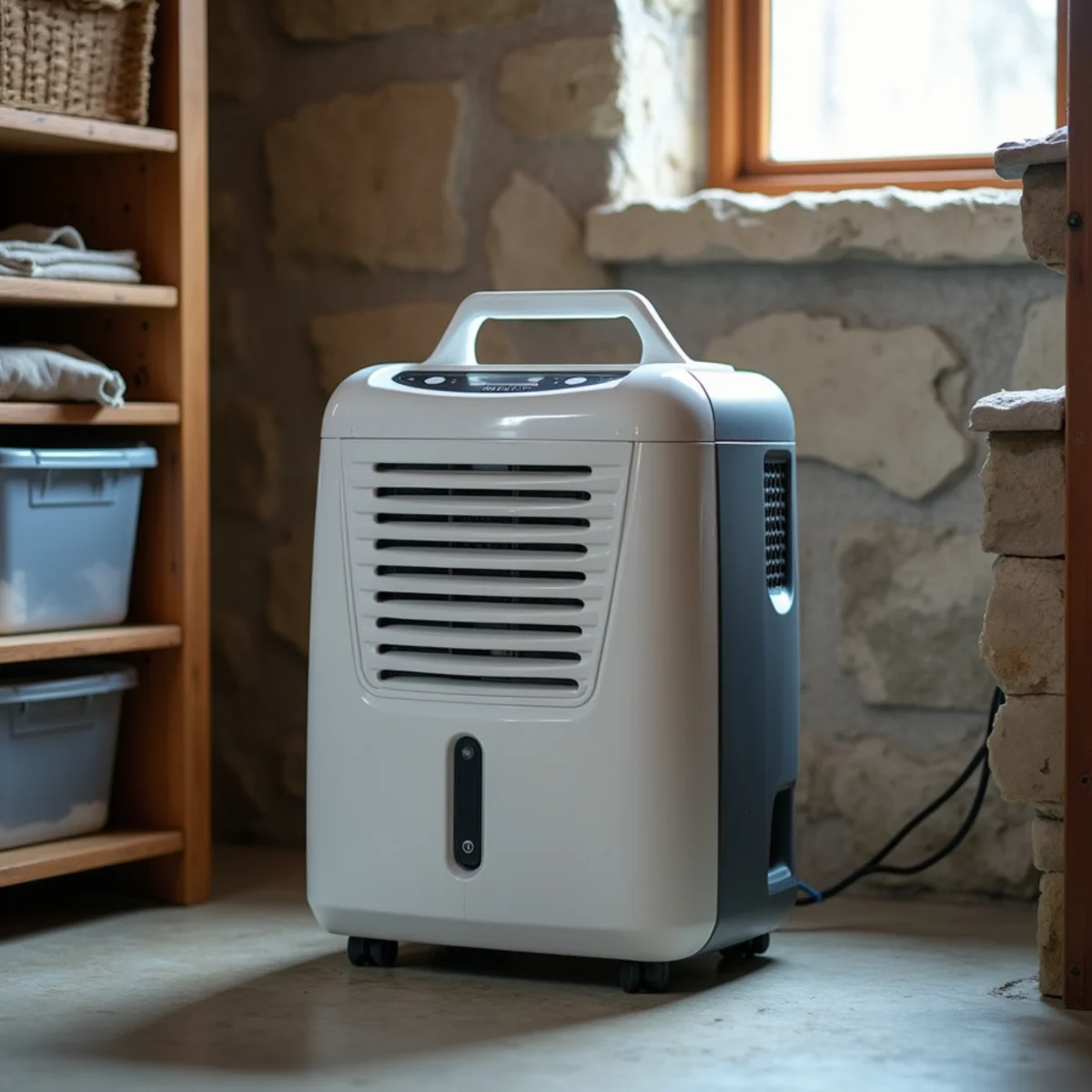 Portable dehumidifier running in a basement beside a hygrometer