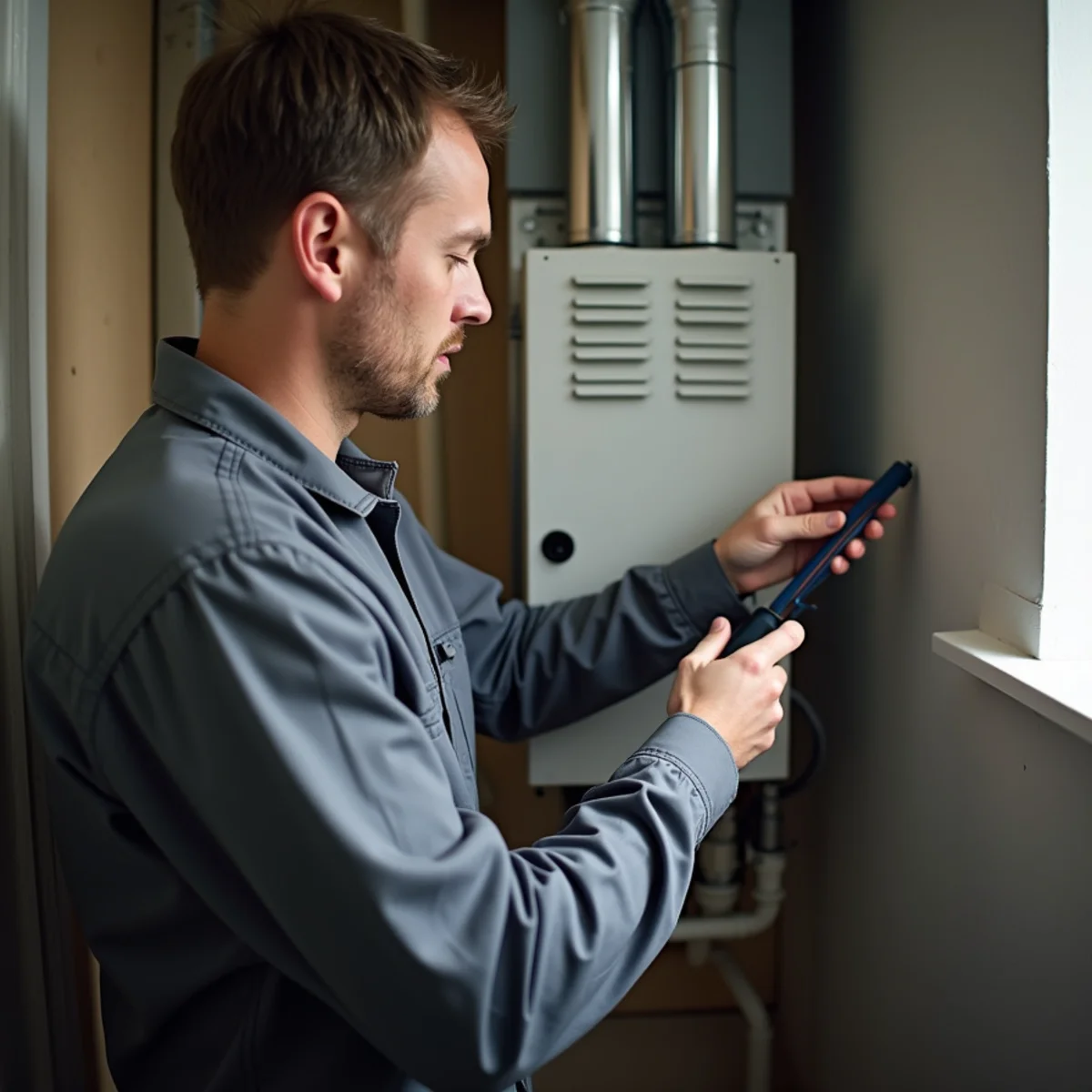 Technician checking a whole-house humidifier on a furnace duct