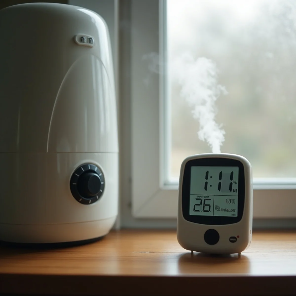 Small digital hygrometer sitting on a living room shelf next to a portable humidifier