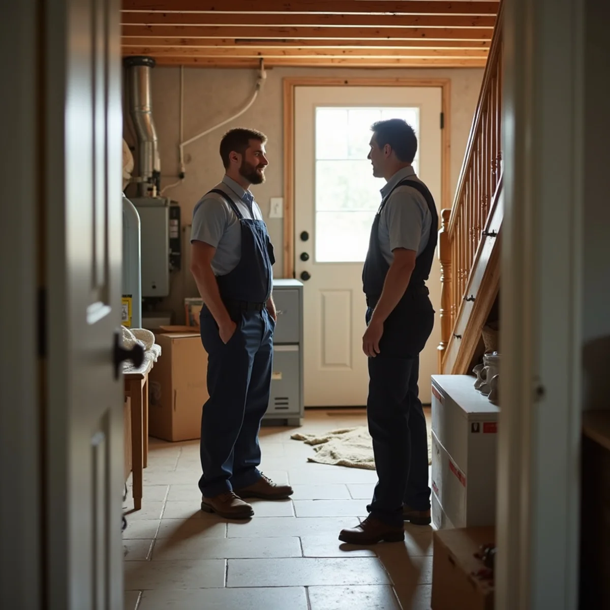 Homeowner and technician looking at a cleared basement utility area before work begins