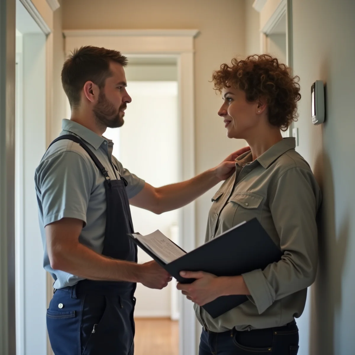 Technician explaining a new thermostat to a homeowner after startup