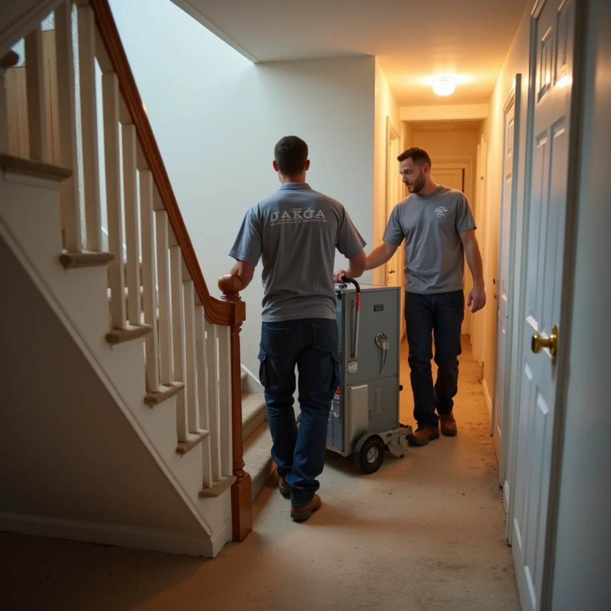 Two HVAC technicians carrying a new furnace through a basement doorway in a Pennsylvania home