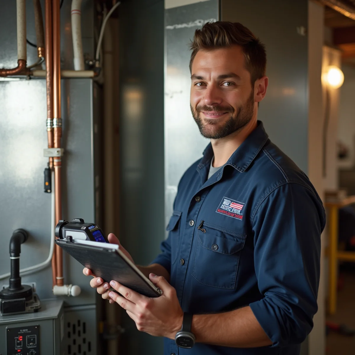 Technician with a clipboard beside a furnace during a tune-up