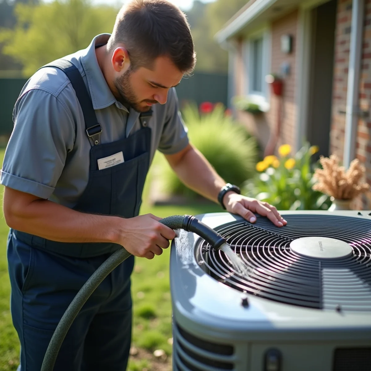 Technician rinsing an outdoor condenser coil