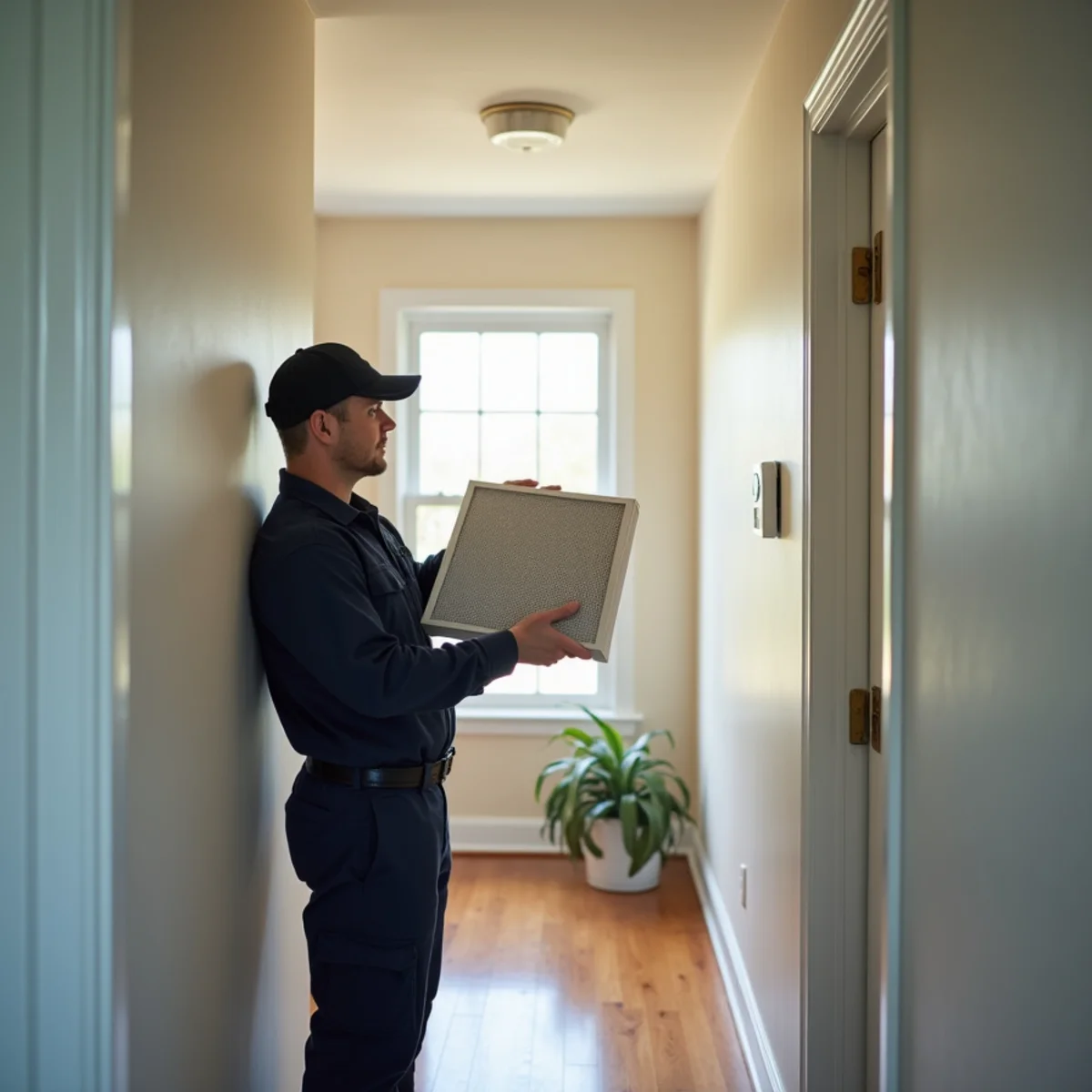 Technician performing seasonal HVAC maintenance and filter check in Quakertown, PA