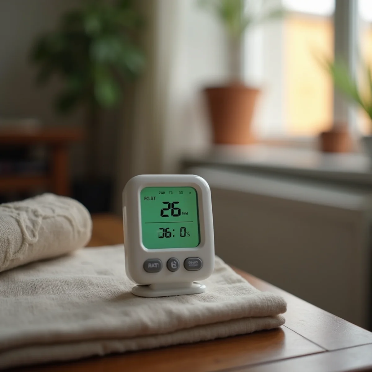 A hygrometer showing a humidity reading in a living room