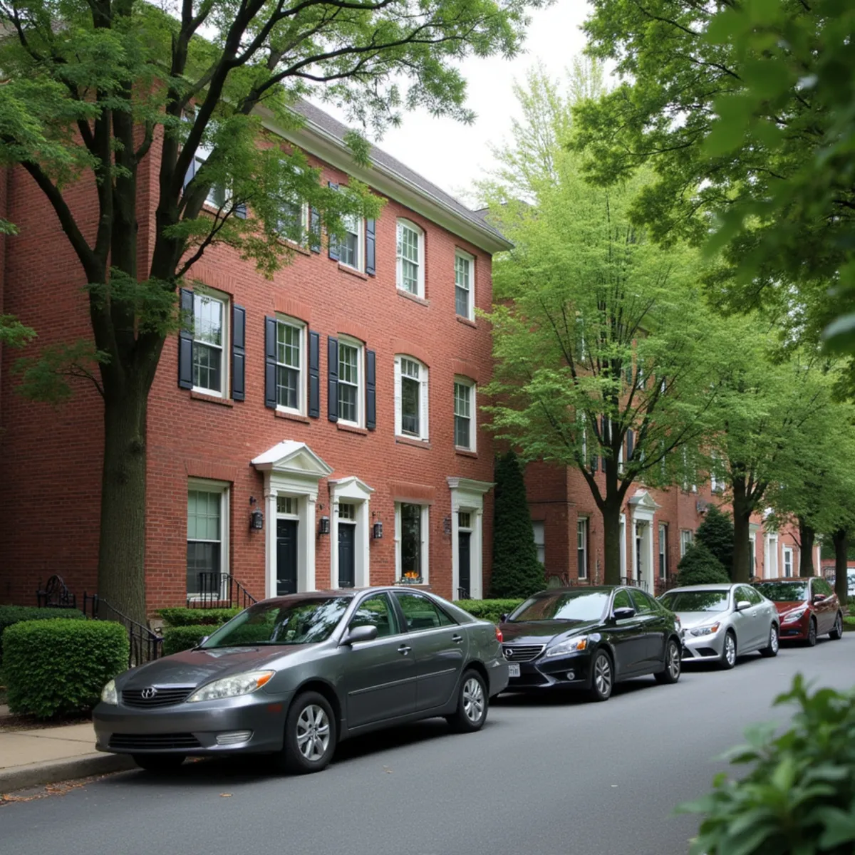 A street of attached brick twin homes with front porches in a Pennsylvania borough