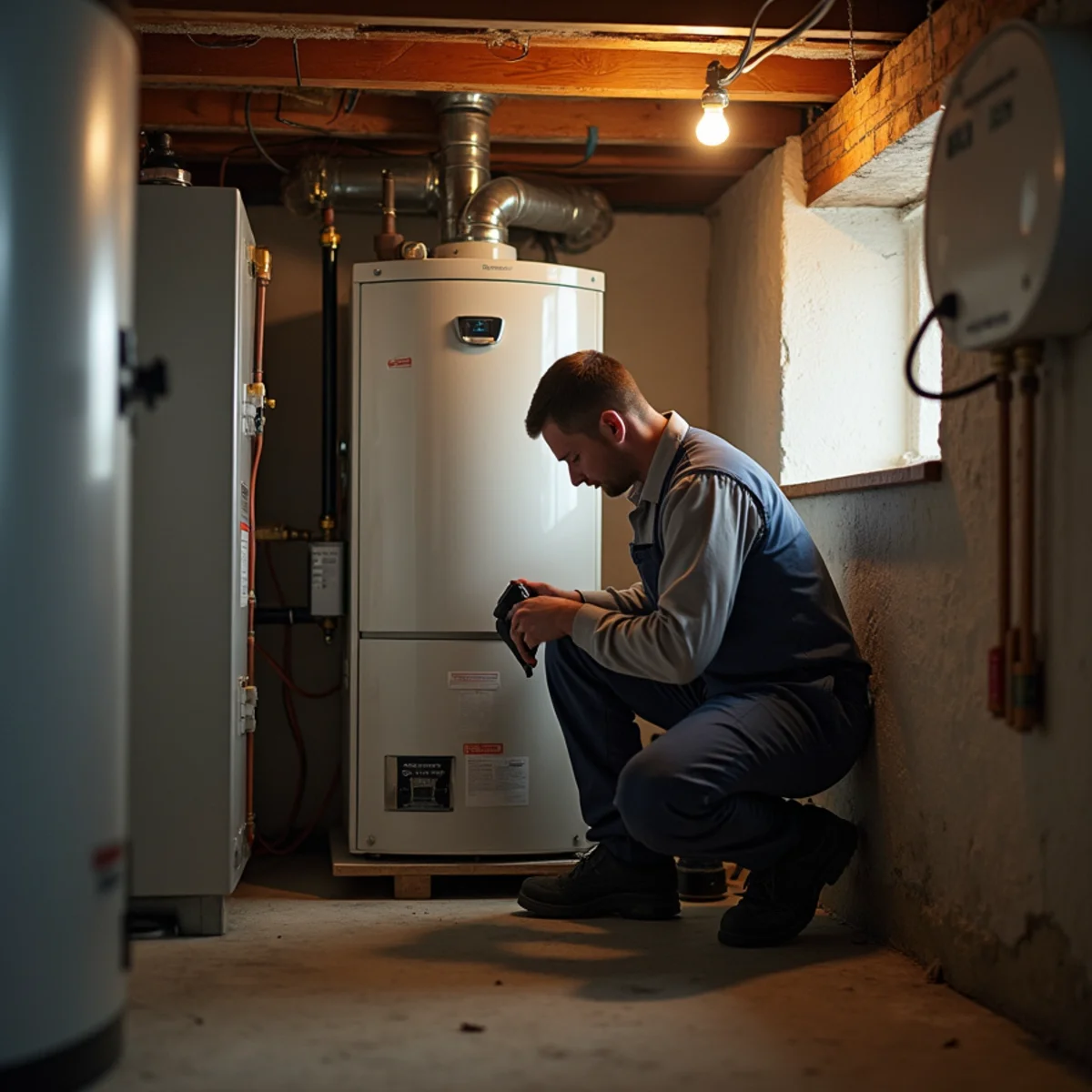 Technician servicing an oil-fired boiler in a cramped older basement