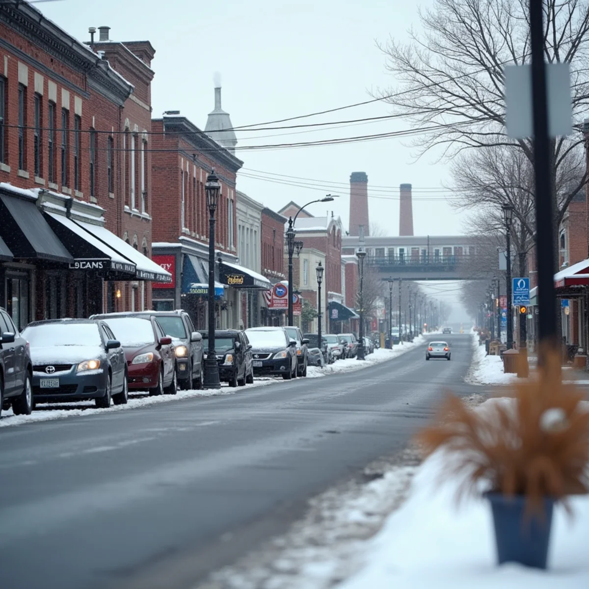 Snow-dusted small-town main street with brick storefronts and a train platform in the distance
