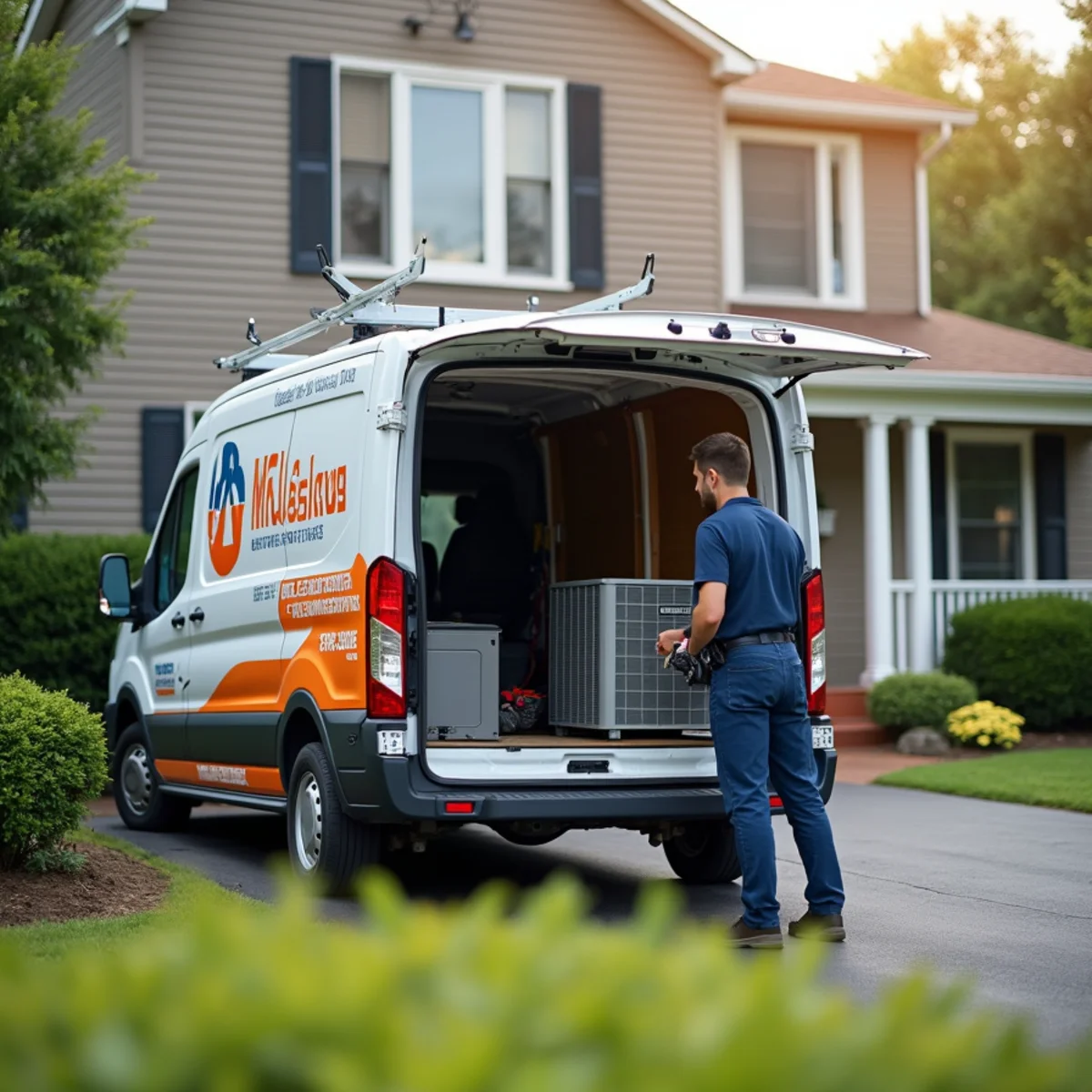 HVAC technicians installing a new furnace in the basement of an older twin home in Lansdale, PA