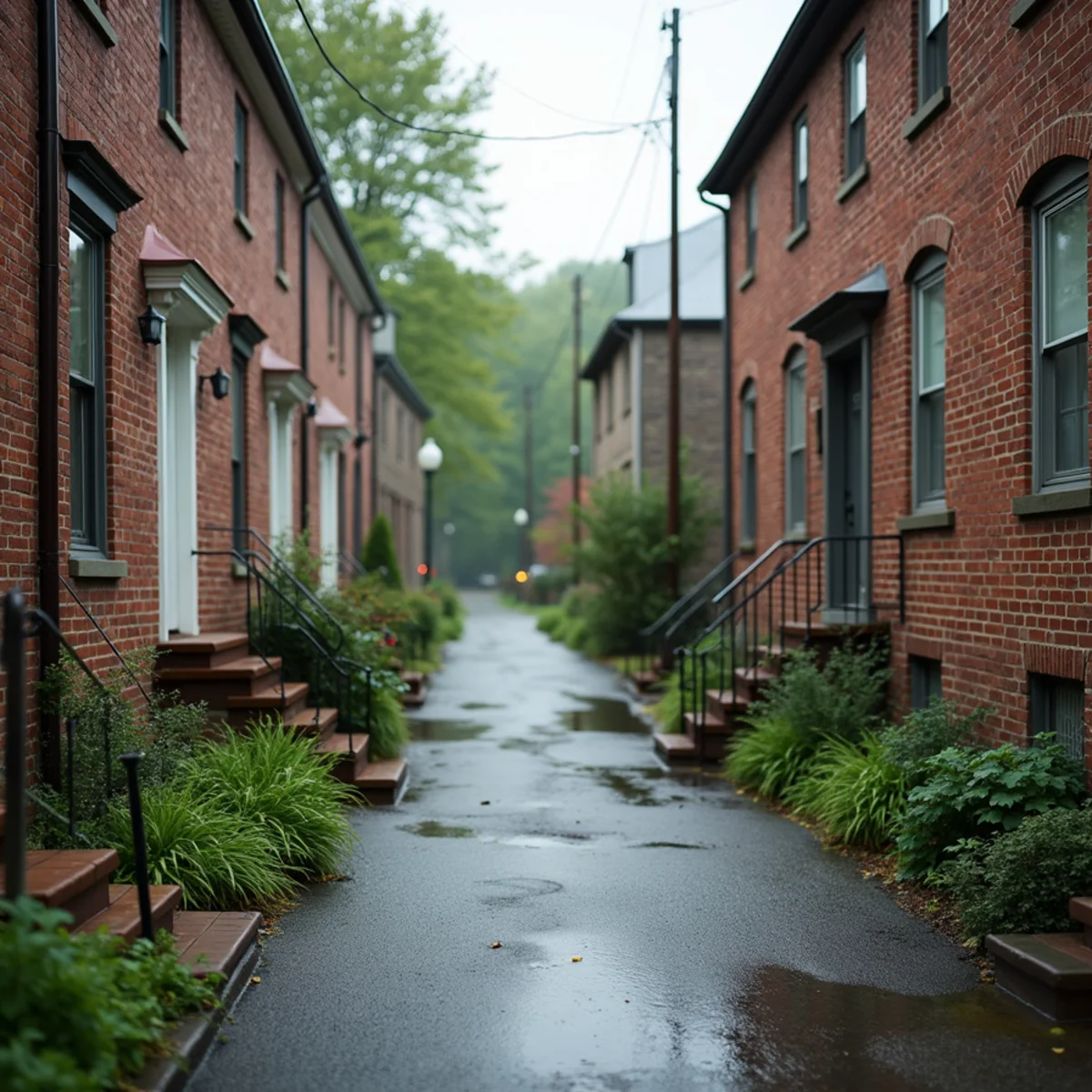 A small-town residential street on low ground beside a narrow wooded creek, with older brick houses