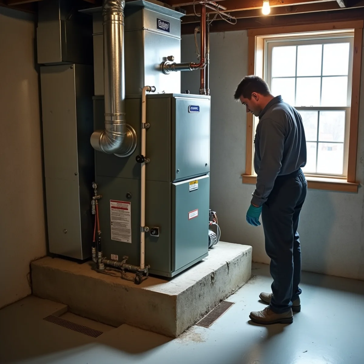 A gas furnace set on a raised concrete block platform in a basement with a floor drain and sump pit nearby