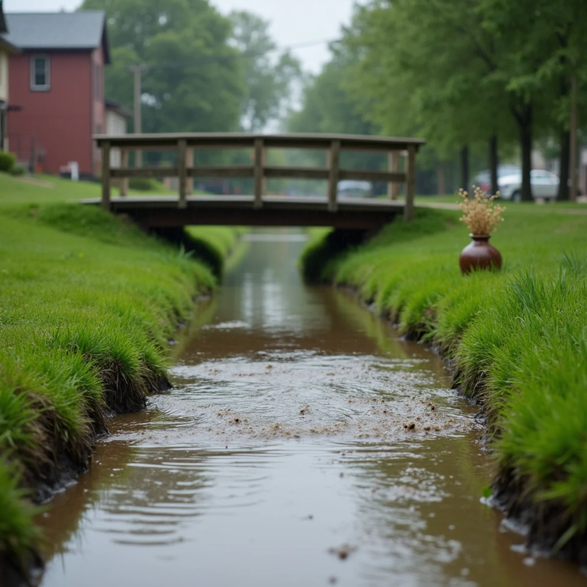 A small creek running high and brown beside a grassy park and footbridge after heavy rain