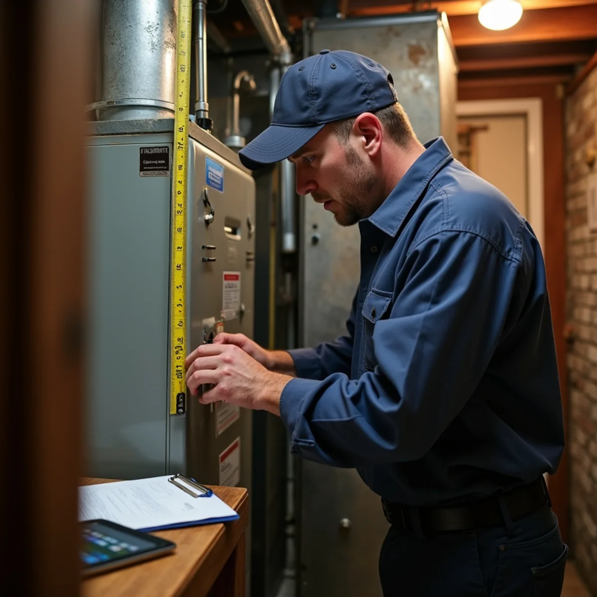 Technician measuring a basement mechanical room before replacing a furnace