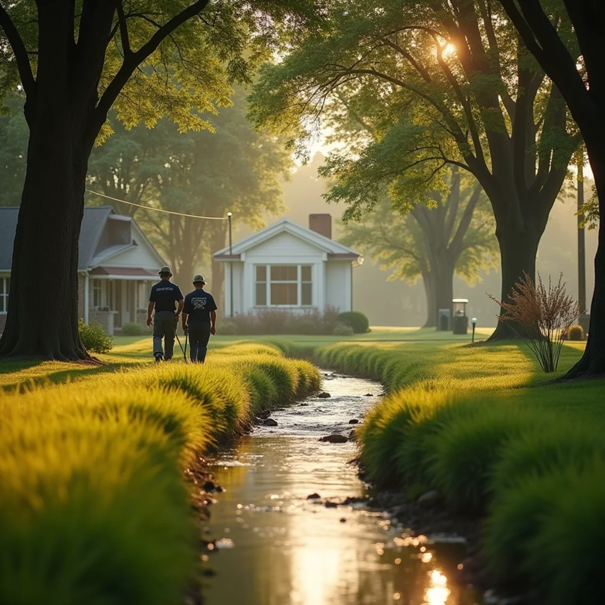 Creek and park with tall trees on a humid late-summer evening beside a small town