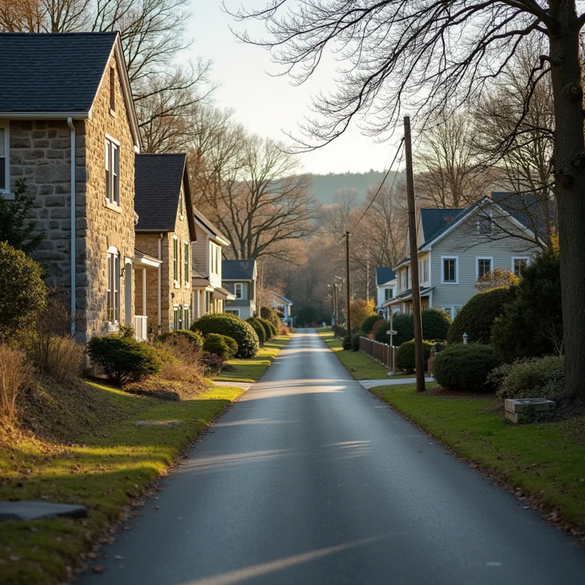 Older stone and frame houses along a two-lane village road beside a creek in Bucks County