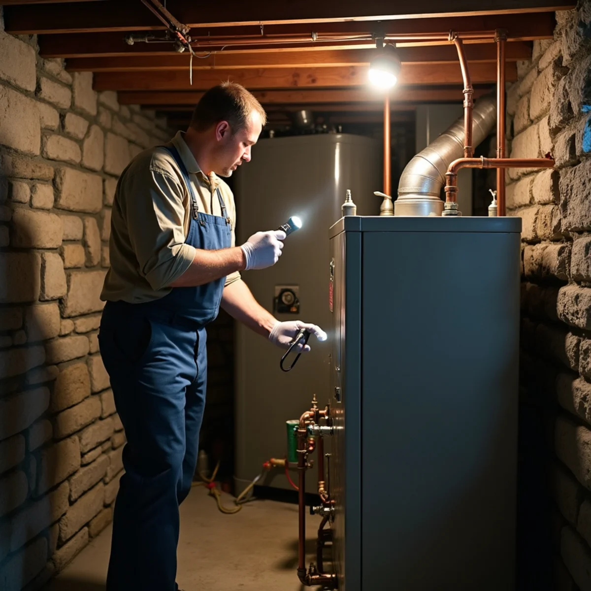 HVAC technician servicing an oil-fired boiler in an older stone-walled basement