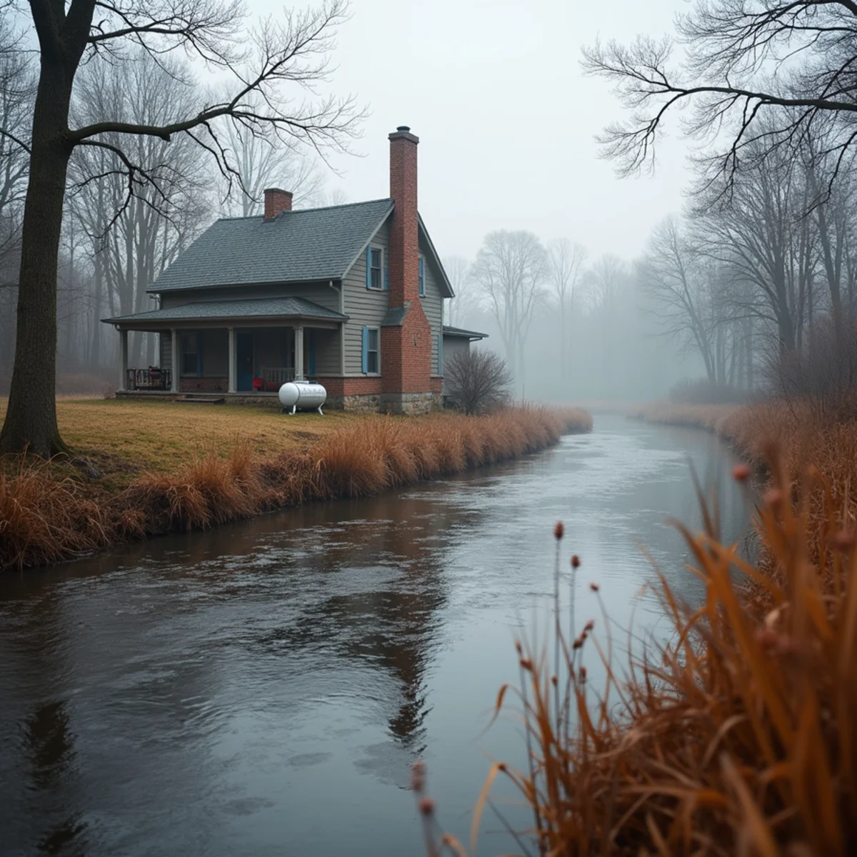 Morning mist over a creek valley with a farmhouse chimney smoking in late autumn