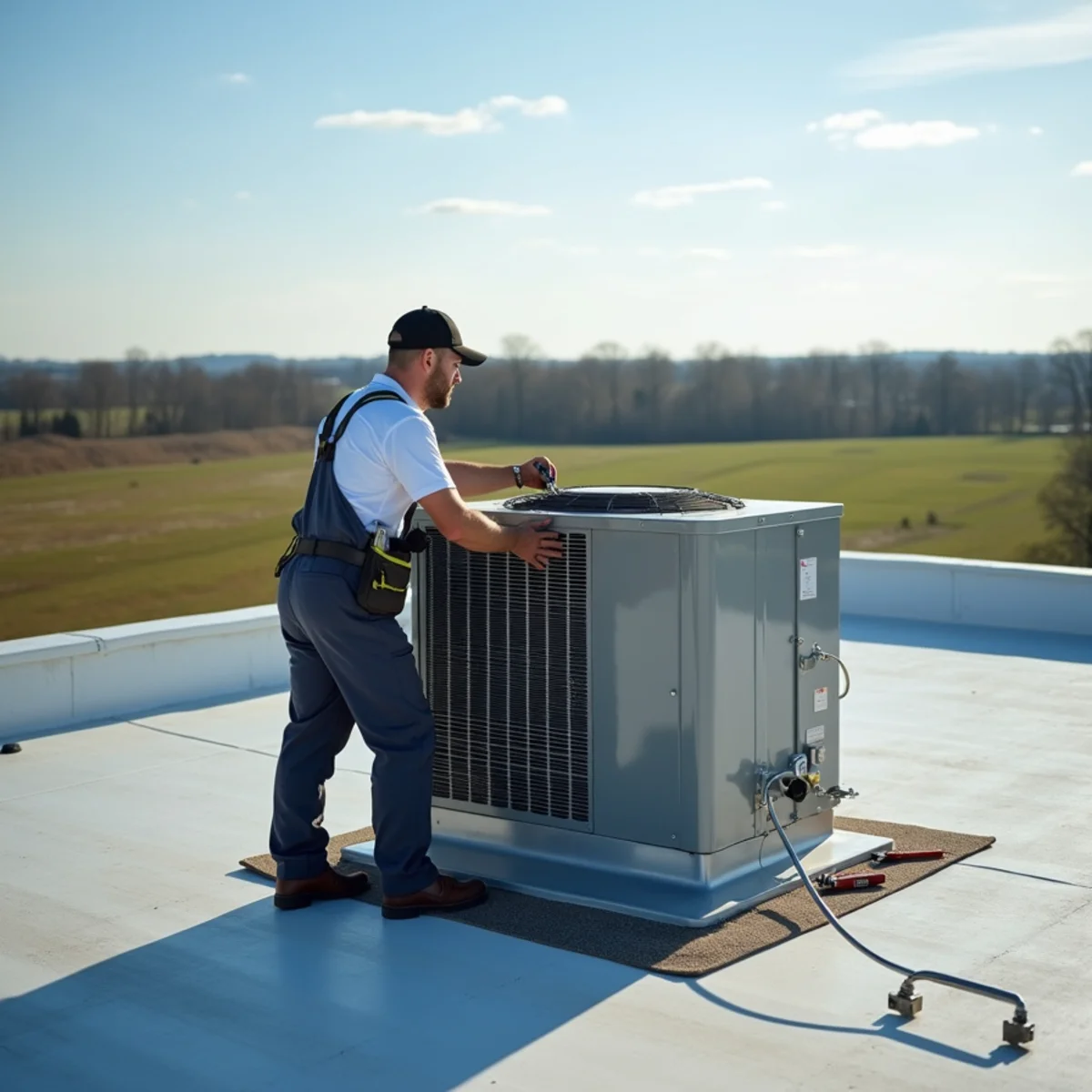 Technician servicing a rooftop HVAC unit on a small one-story commercial building