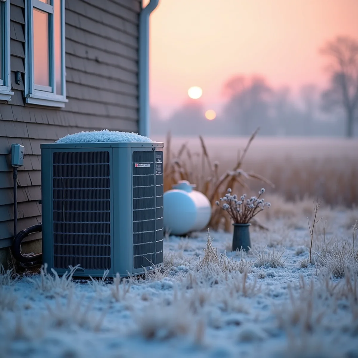 Frost-covered heat pump outdoor unit beside a rural house at dawn