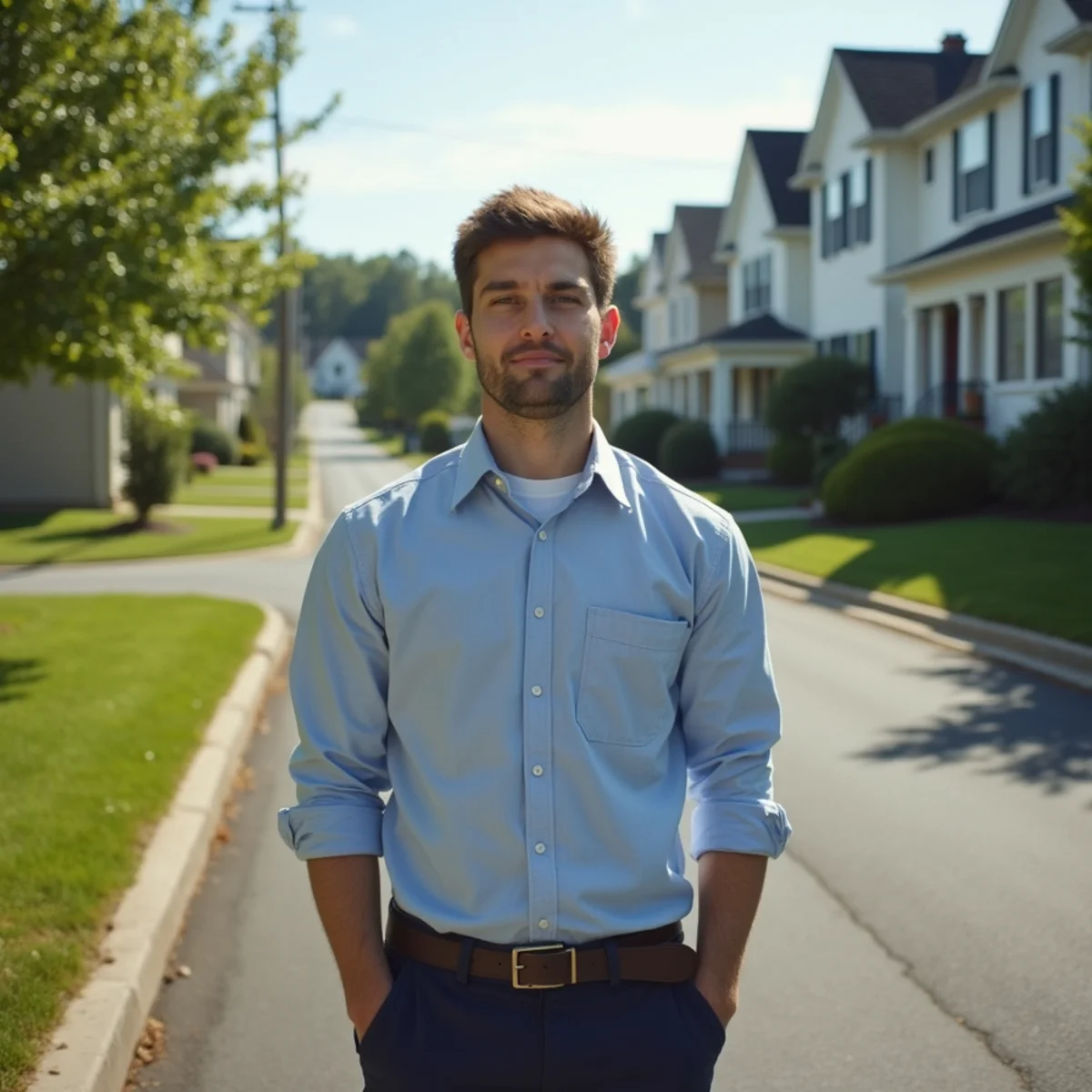 Suburban street of split-level and colonial houses with driveways in southeastern Pennsylvania