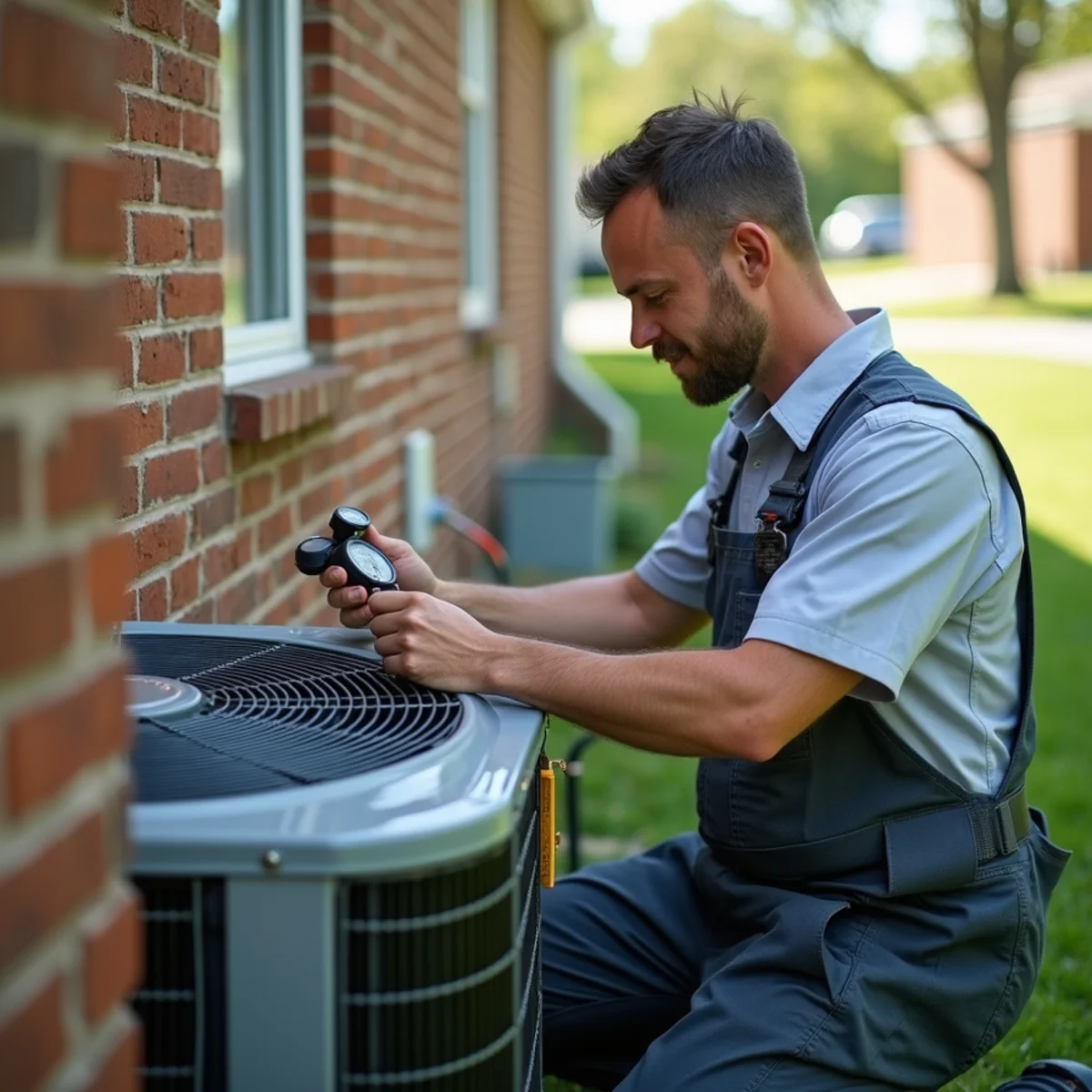 Technician checking a central air conditioner condenser and gauges beside a suburban house
