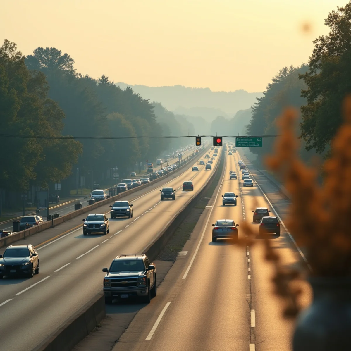 Busy suburban four-lane highway in summer heat haze with shopping plazas and trees
