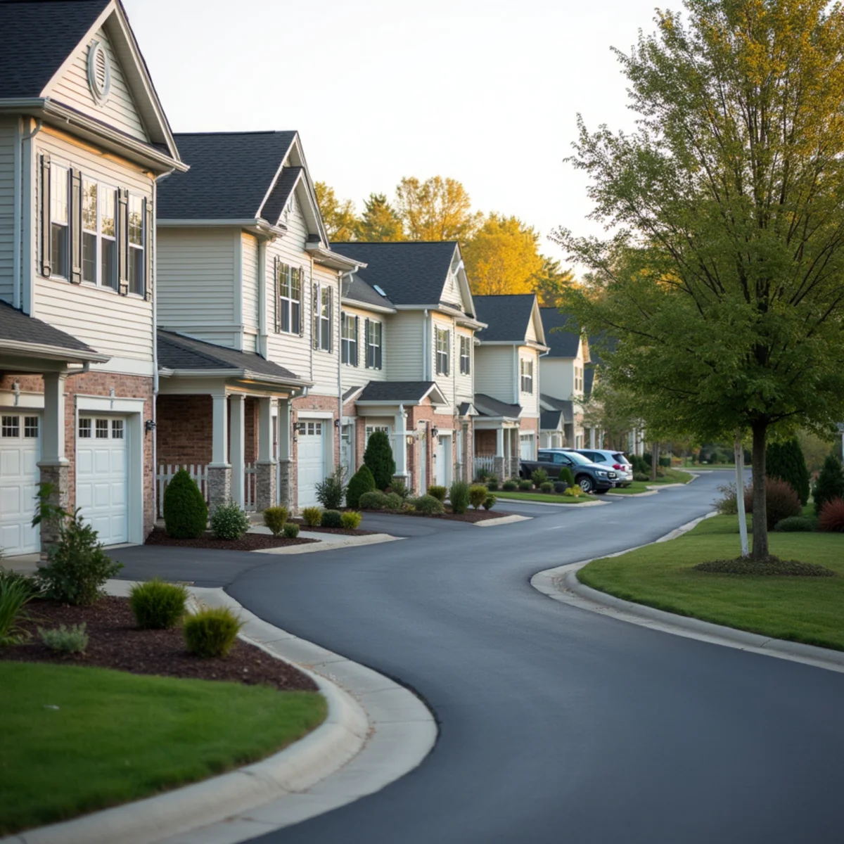 Attached carriage-style townhomes with garage doors and small porches along a quiet community road