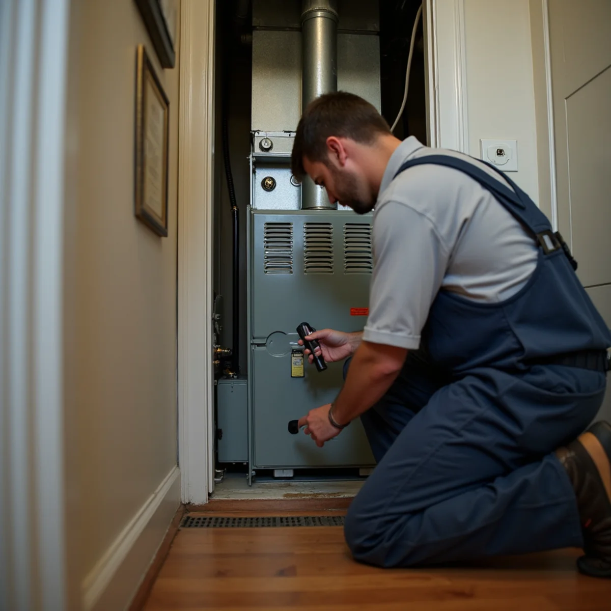 A technician in a plain uniform servicing a furnace inside a narrow utility closet
