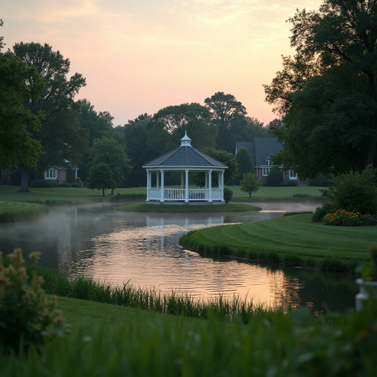 A small pond with a gazebo and a mowed walking path at dusk in a residential community