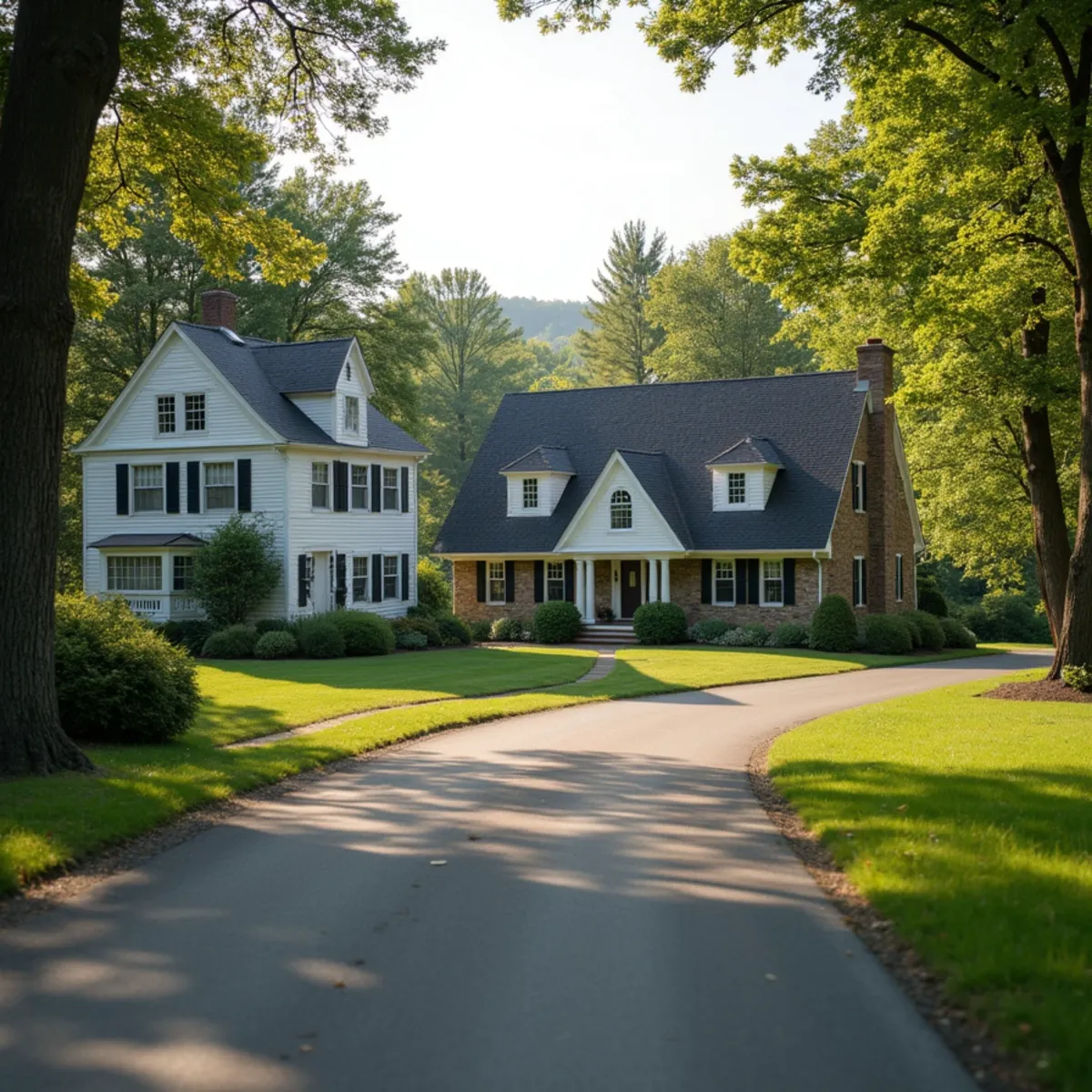 Older stone farmhouse beside newer suburban houses on a Bucks County road
