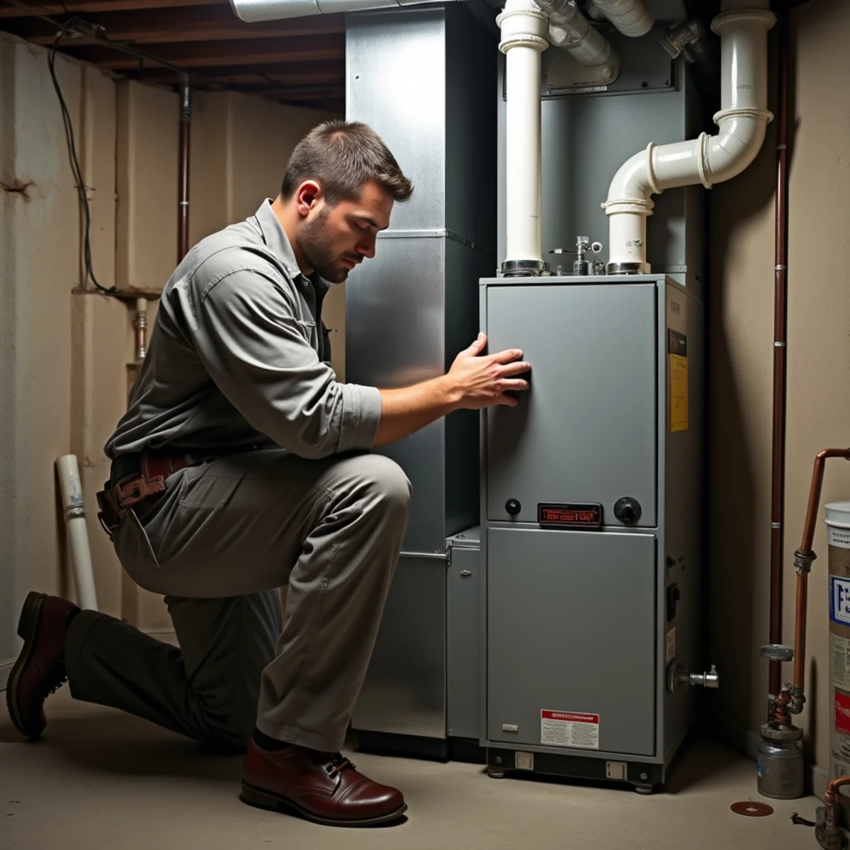 Technician installing a new gas furnace in a basement next to a removed oil burner and tank