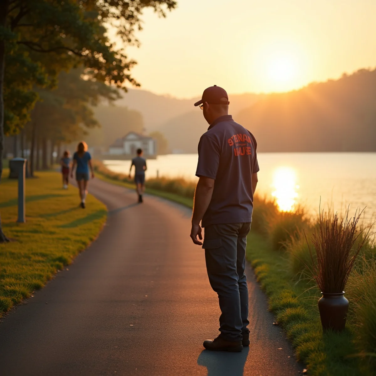 Humid late-summer evening beside a large lake with a paved path and distant houses