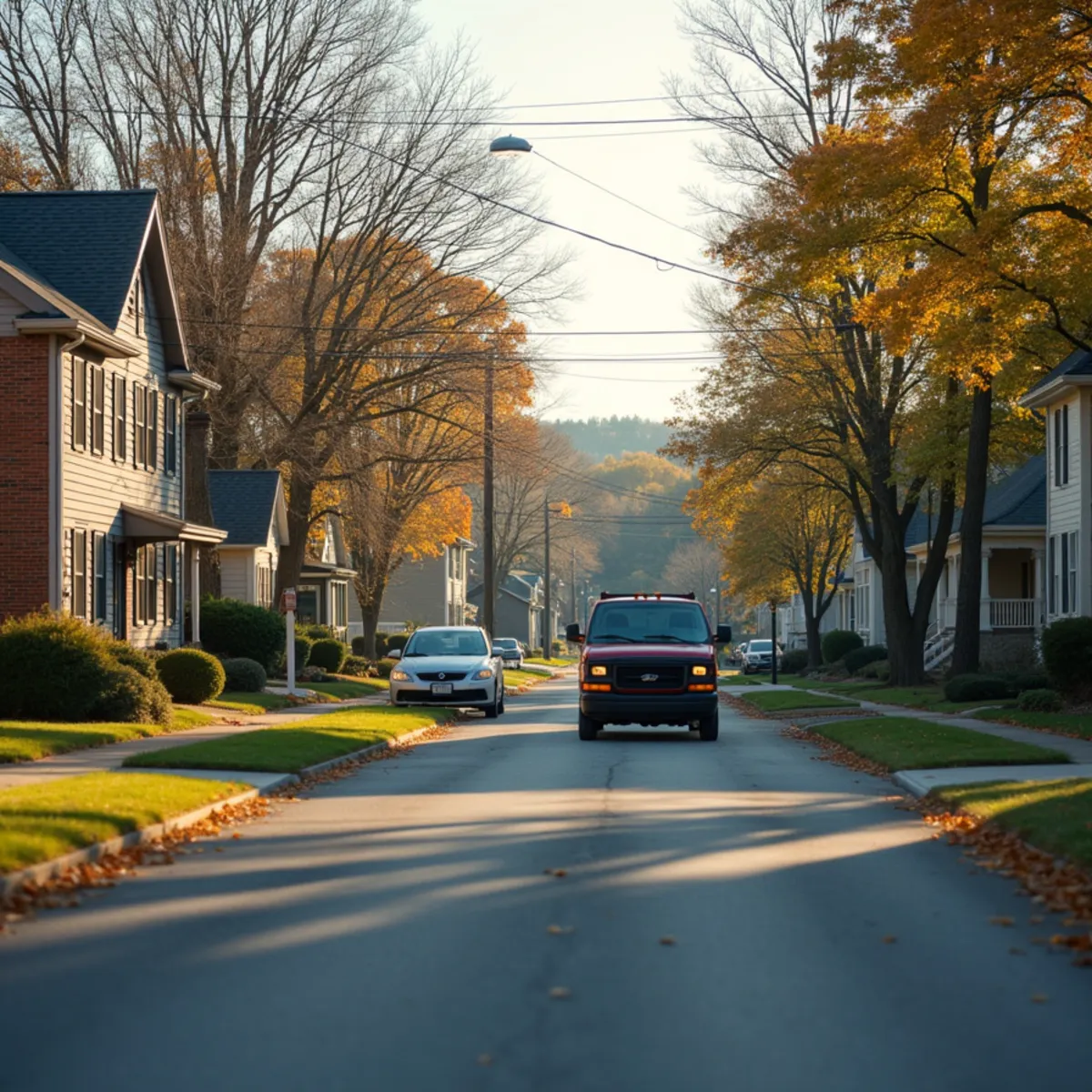 Single-family houses of different ages and styles side by side on a residential street near a small-town school