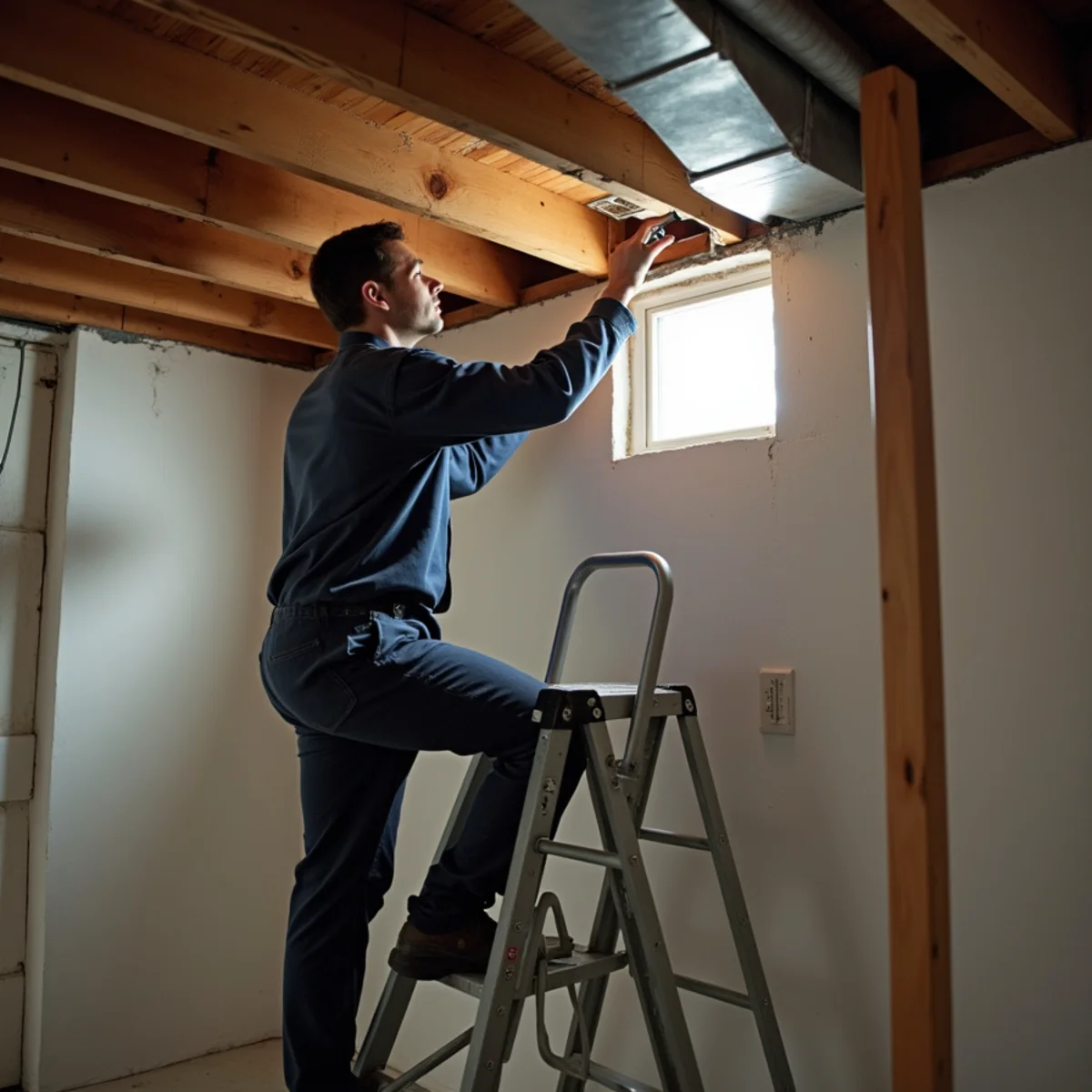 A technician in a plain uniform checking a duct branch and trunk line in an unfinished basement ceiling