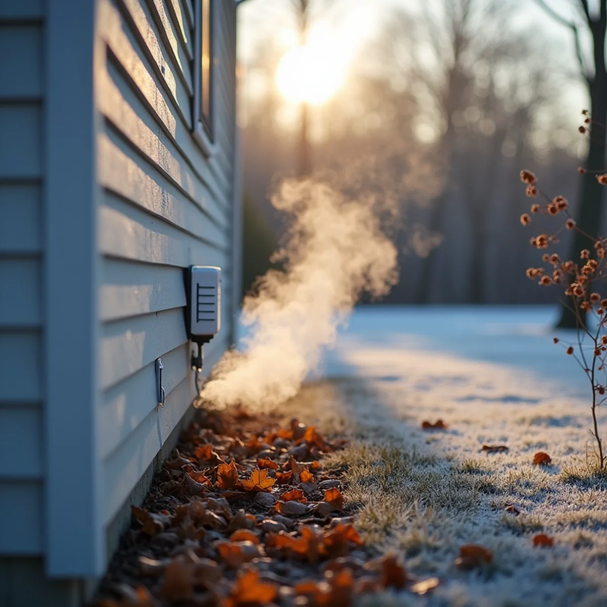 Frost on a lawn and thin vapor from a furnace exhaust pipe on the side of a house at dawn