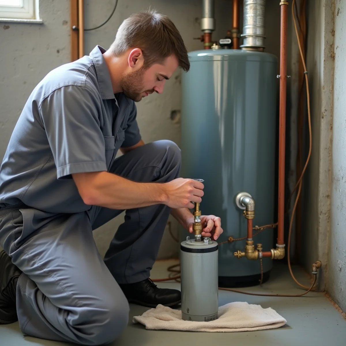 Technician replacing an oil filter beside a basement oil tank
