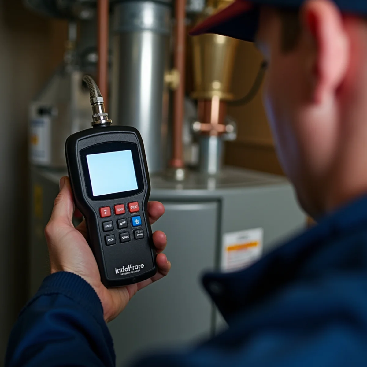 Technician running a combustion analyzer probe into an oil furnace flue