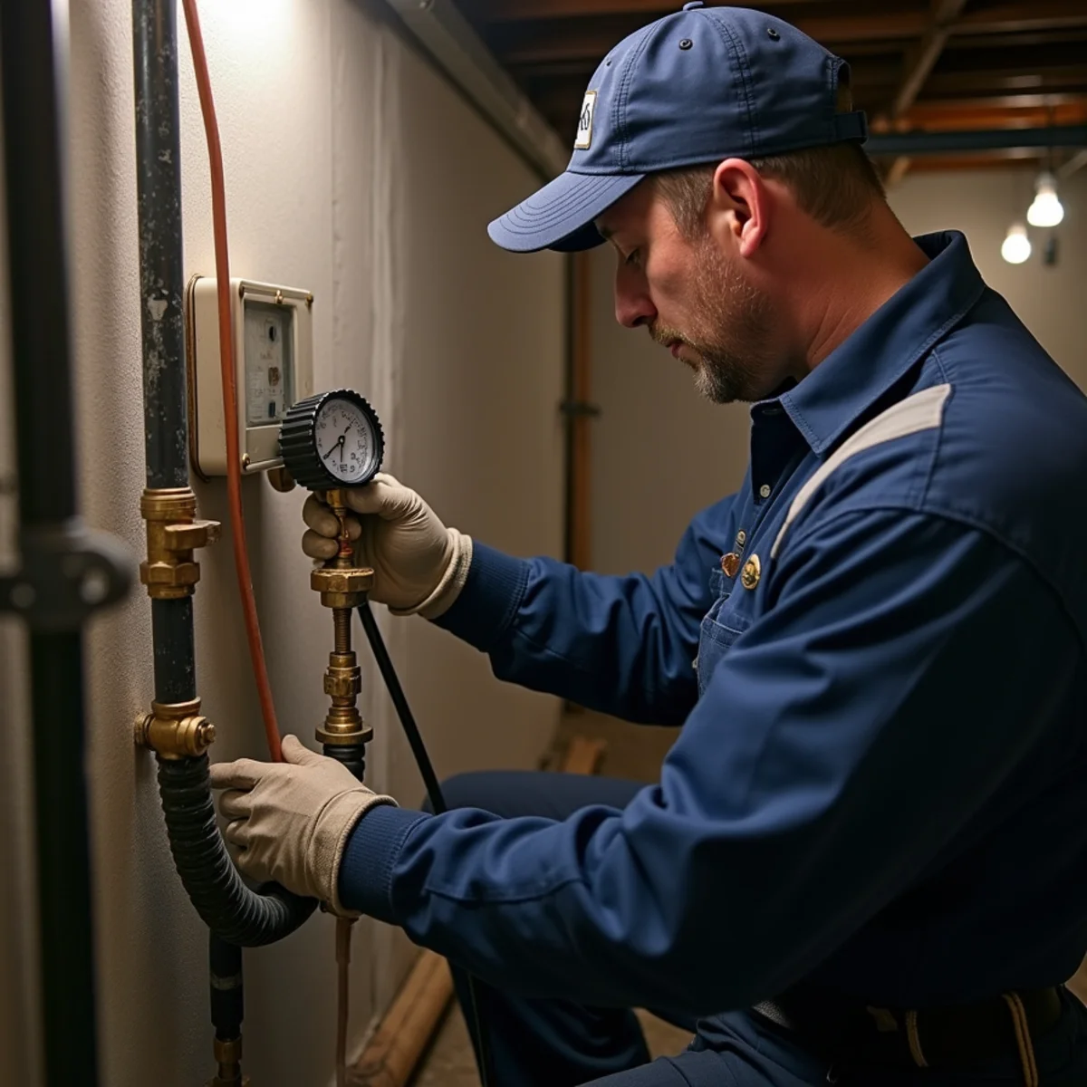 Technician pressure-testing a new gas line