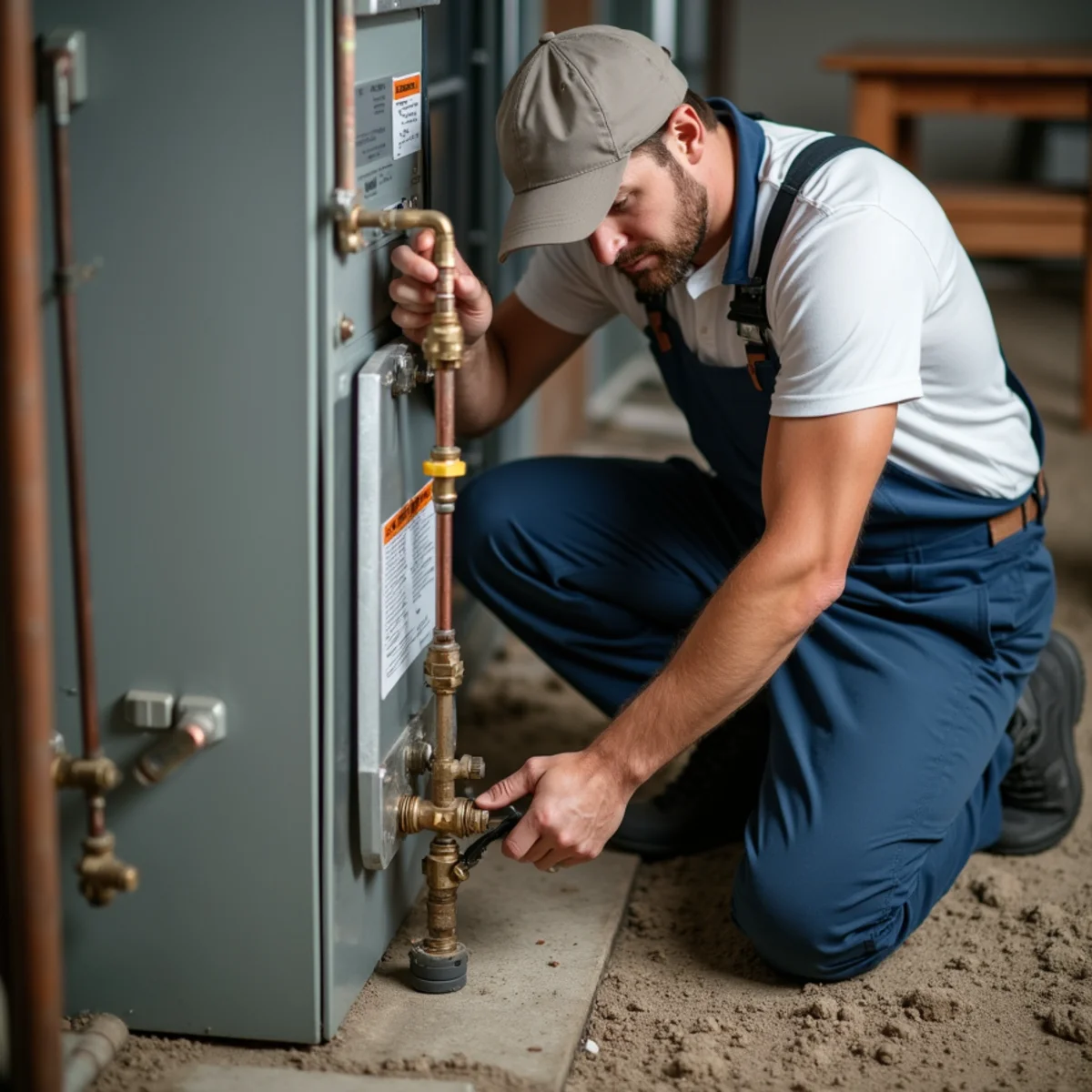 Technician evaluating a gas line connection during an oil-to-gas heating conversion in Quakertown, PA