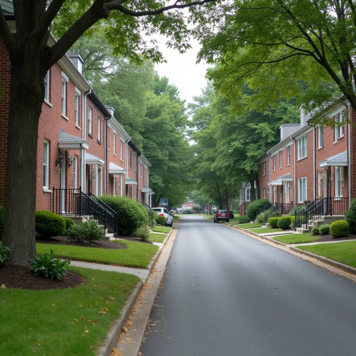 Older brick twin houses with stoops next to newer vinyl-sided townhomes on a residential street